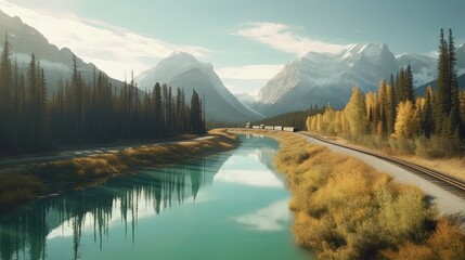 Immerse yourself in the breathtaking beauty of the Canadian Rockies on a scenic train journey, where you'll travel through rugged mountain passes. Generated by AI.