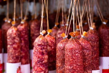  sausage on the counter of the sausage department