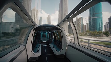 Explore the heart of a bustling metropolis with a captivating monorail ride, as it winds its way through the vibrant city streets. Generated by AI.