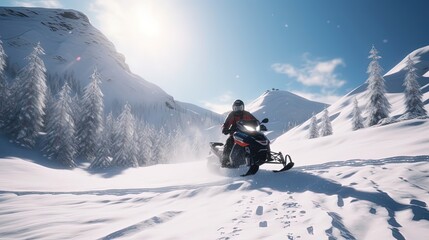 Fototapeta na wymiar Get ready for an exhilarating snowmobiling adventure as you zip across frozen lakes, navigate through winding snow-covered valleys, and conquer challenging slopes. Generated by AI.
