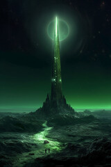 Quantum electronic obelisk on a distant moon glowing green earily. AI generative