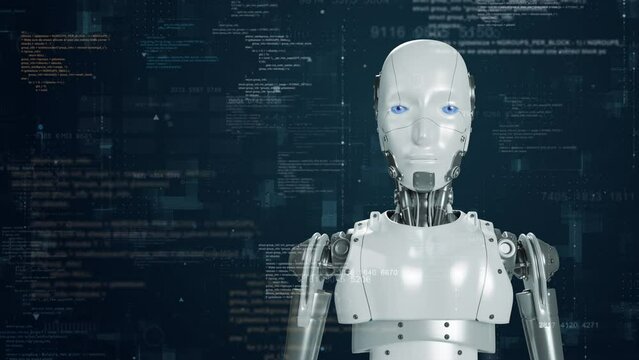 Motion graphic of Robot assistant with digital futuristic HUD on typewriter big data matrix simulation abstract background artificial intelligence technology and machine learning concepts - Powered by Adobe