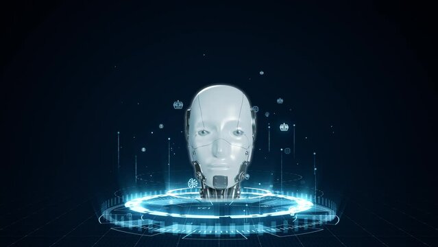 Motion graphic of Robot head logo and circle futuristic HUD with Ai chatbot and machine learning technology with artificial intelligence and robot icon concepts on abstract background