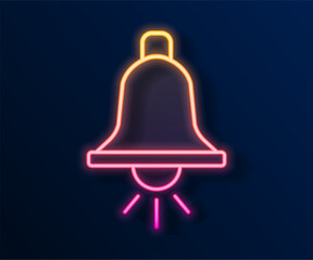 Glowing neon line Ringing alarm bell icon isolated on black background. Fire alarm system. Service bell, handbell sign, notification symbol. Vector