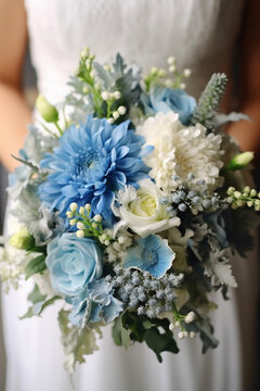 Real flowers for wedding in shades of blue and white bride holding it in her hands. AI generative