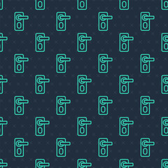 Green line Fingerprint door lock icon isolated seamless pattern on blue background. ID app icon. Identification sign. Touch id. Vector