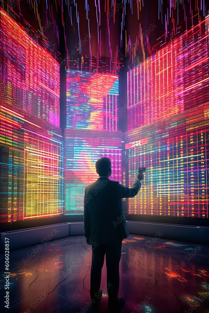 Aufkleber a digital visualization of stock market chart lines in a virtual reality environment, immersing the 