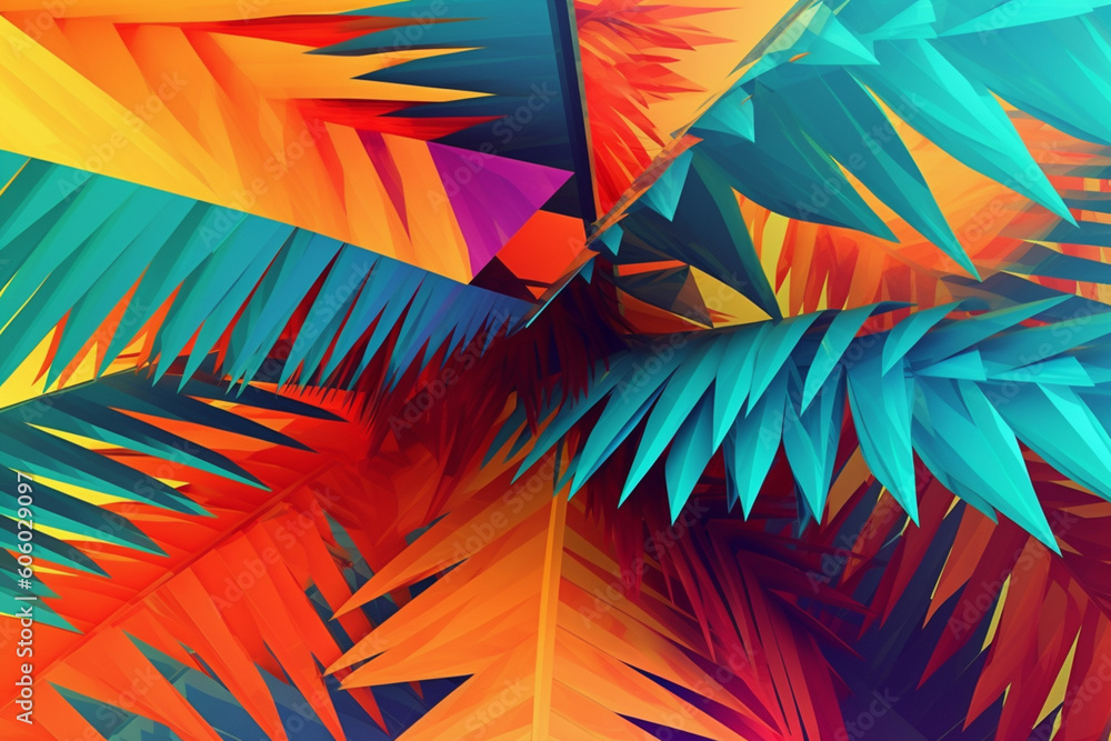 Poster  An abstract digital artwork featuring a stylized palm tree with bold, vibrant colors and geometric shapes, evoking a sense of tropical paradise and relaxation.  Generative AI technology.