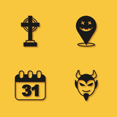 Set Tombstone with cross, Devil head, Halloween date 31 october and Happy holiday icon with long shadow. Vector