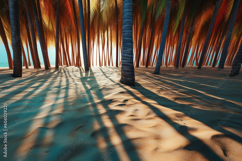 Fototapete An abstract photograph of palm tree shadows cast on a sandy beach, capturing the interplay between light and dark and creating a sense of tranquility.  Generative AI technology.