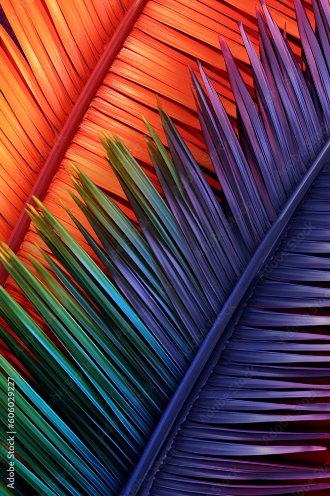 Fototapete A minimalist graphic design of abstract palm leaves in a repetitive pattern, creating a visually striking and soothing effect.  Generative AI technology.