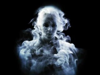 Fotobehang I think i saw a ghost Emerging from the darkness, a ghostly figure forms from wisps of white smoke. Its human-like shape, a chilling spectacle, creeps toward the camera. Generative AI © neo