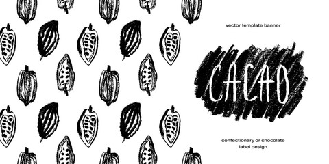 Panoramic template banner for Flavorful Organic Chocolate with hand-drawn Cocoa Beans Illustrations. Chocolate packaging design, cocoa powder label, organic cacao butter backdrop. Cocoa cosmetics.