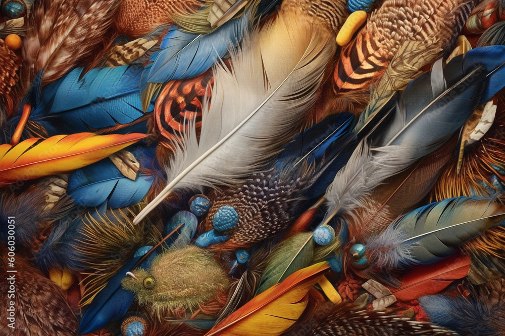 Aufkleber a mixed-media artwork combining textured elements, such as feathers or fabric, with words and symbol