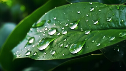 Large beautiful drops of transparent rain water on a green leaf macro. Drops of dew in the morning glow in the sun. Beautiful leaf texture in nature. Natural background Generative AI