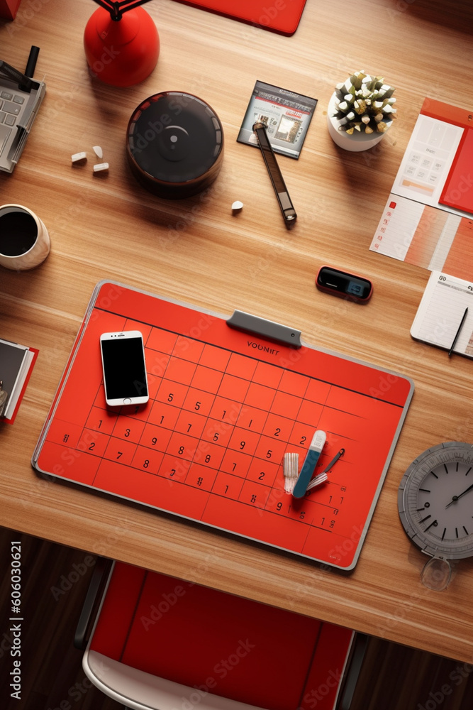 Poster an overhead shot of a neatly arranged desk with a black and red month lined desk calendar as the foc