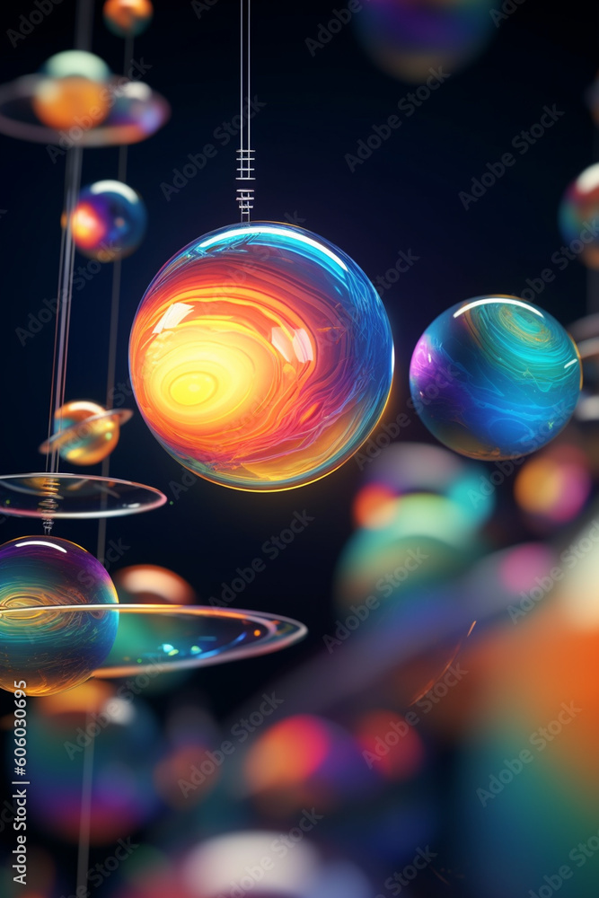 Aufkleber A digital composition of abstract objects floating in space, creating a surreal and ethereal atmosphere.  Generative AI technology.