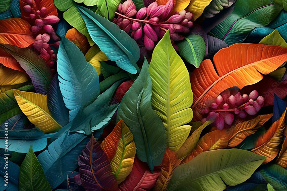 Poster  An abstract collage of various leaf shapes and sizes, arranged in a dynamic and visually stimulating manner, symbolizing the diversity and beauty of nature.  Generative AI technology.