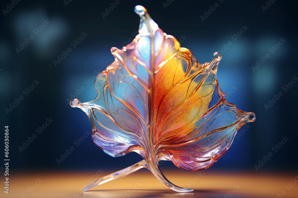 Poster an abstract glass sculpture inspired by the delicate beauty of a leaf, capturing its translucency an