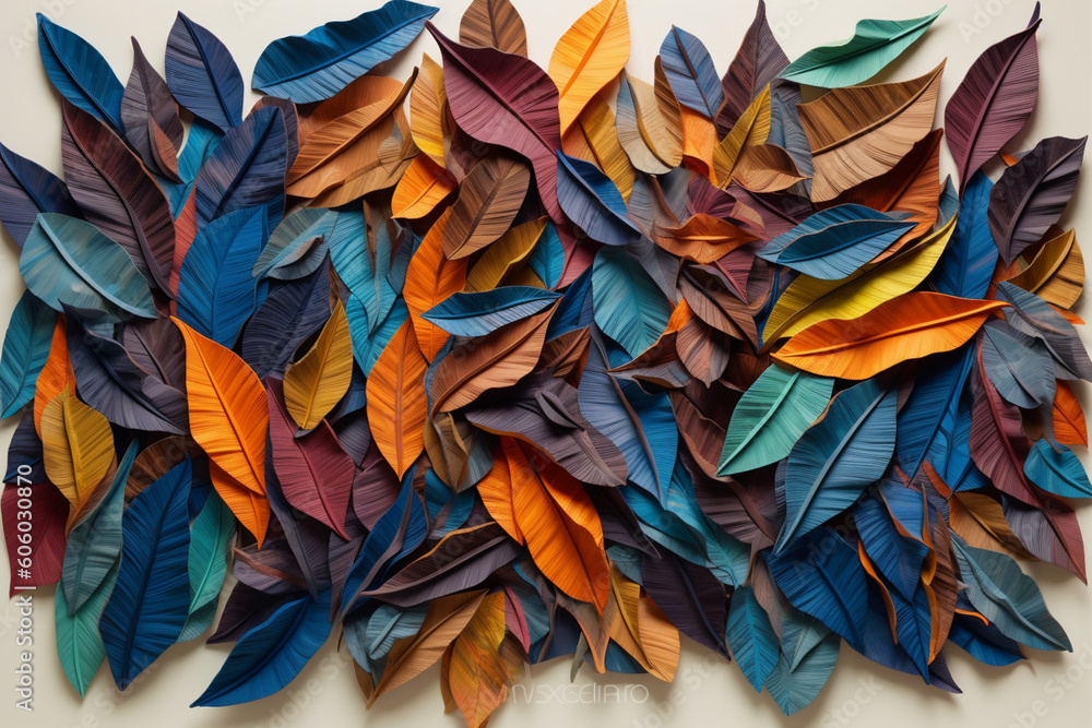 Poster  A mixed-media artwork featuring pressed and dried leaves arranged in an abstract pattern, creating a tactile and visually engaging composition.  Generative AI technology.