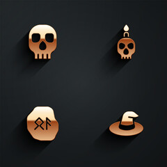 Set Skull, Burning candle on skull, Magic runes and Witch hat icon with long shadow. Vector
