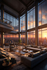An artistic rendering of a luxurious penthouse apartment, showcasing its modern architecture, floor-to-ceiling windows, and stunning city skyline vistas.  Generative AI technology. - obrazy, fototapety, plakaty