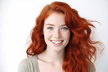 Fototapeta premium Portrait of Young red hair Woman Smiling Cheerfully and white background 