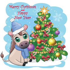 Fototapeta premium Cute donkey in santa hat with balloon, gift, candy kane near the christmas tree. Postcard for Christmas