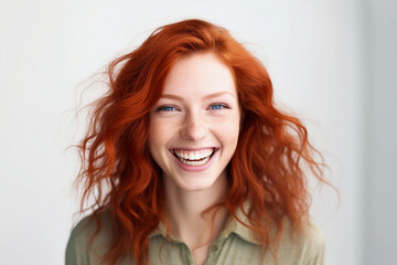 Portrait of Young red hair Woman Smiling Cheerfully and white background