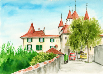 アナログ水彩画スイス観光名所トゥーン城