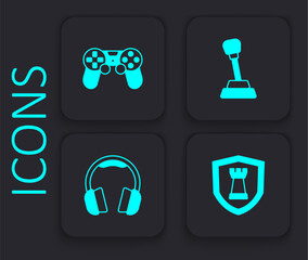 Set Chess shield, Game controller or joystick, Gear shifter and Headphones icon. Black square button. Vector