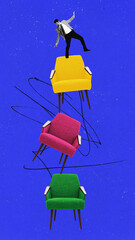 Contemporary art collage with business man standing on the tower of chairs and balancing between...