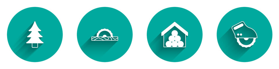 Set Tree, Electric circular saw, Wooden logs and icon with long shadow. Vector