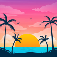 Fototapeta na wymiar Sunset background on the beach with palm trees background landscape