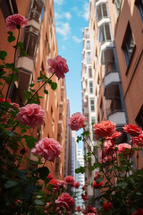 Fototapeta na wymiar Real photo of roses blooming between buildings. AI generative