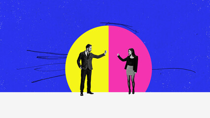 Contemporary art collage with two business people, competitors showing fist each other symbolizing conflict, opposition over blue background. Rivalry