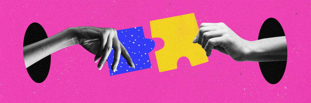 Banner with two human hands holding pieces of puzzles and going to unit it, wants to cooperate and making deal over pink background. Contemporary art collage