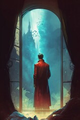 man in red gown looking at underwater world through window, illustration painting, Generative AI