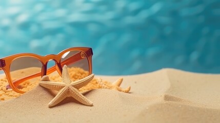 Fototapeta na wymiar Sunglasses in sand of the beach