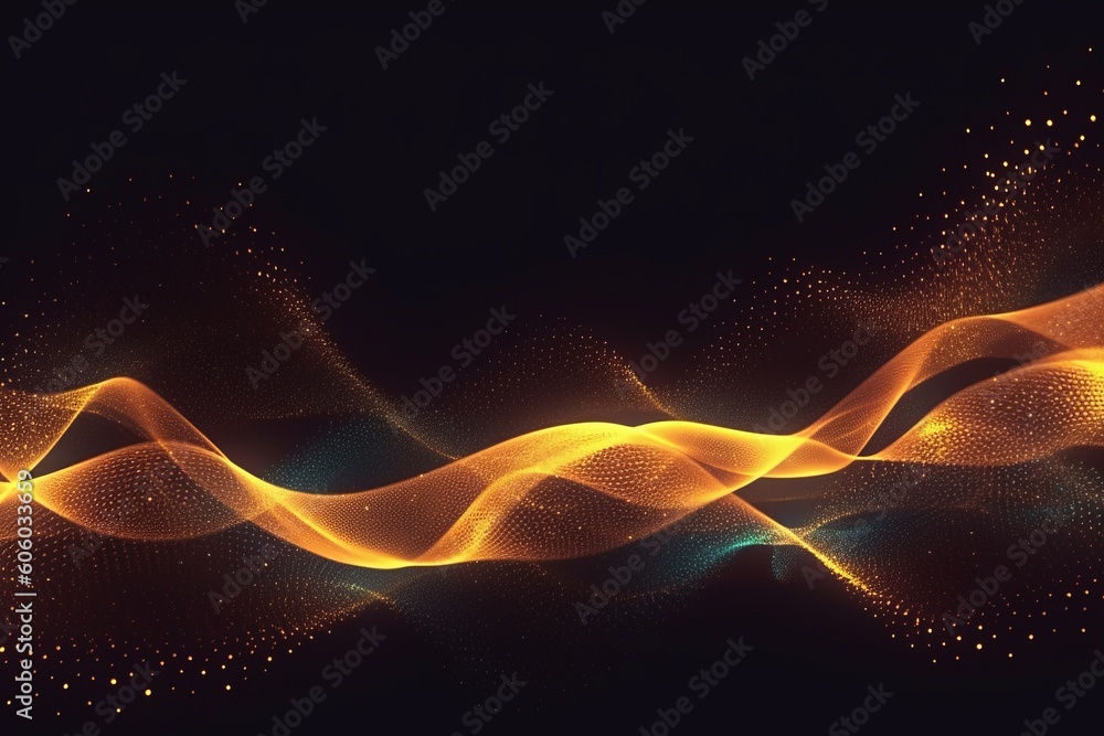 Poster dynamic techno wallpaper with smooth particle waves, glowing dots and lines, and a gold wavy backgro