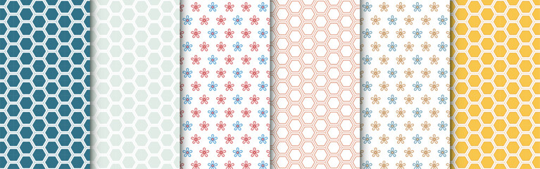 Set of minimal geometric seamless patterns, in different colors. Collection of backgrounds with abstract shapes of honeycomb meshes and flowers