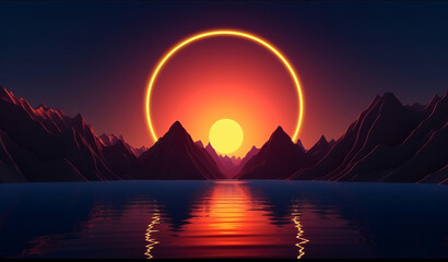 Fototapeta na wymiar Enchanting Landscape: A Mystic Sunrise/Sunset with Geometric Shapes and Neon Glow, Generative AI.