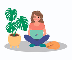 Obraz na płótnie Canvas The girl is sitting on the floor and working on a laptop. Home Office. Work from home, freelance. Home education. Freelancer lifestyle. Flat style vector illustration