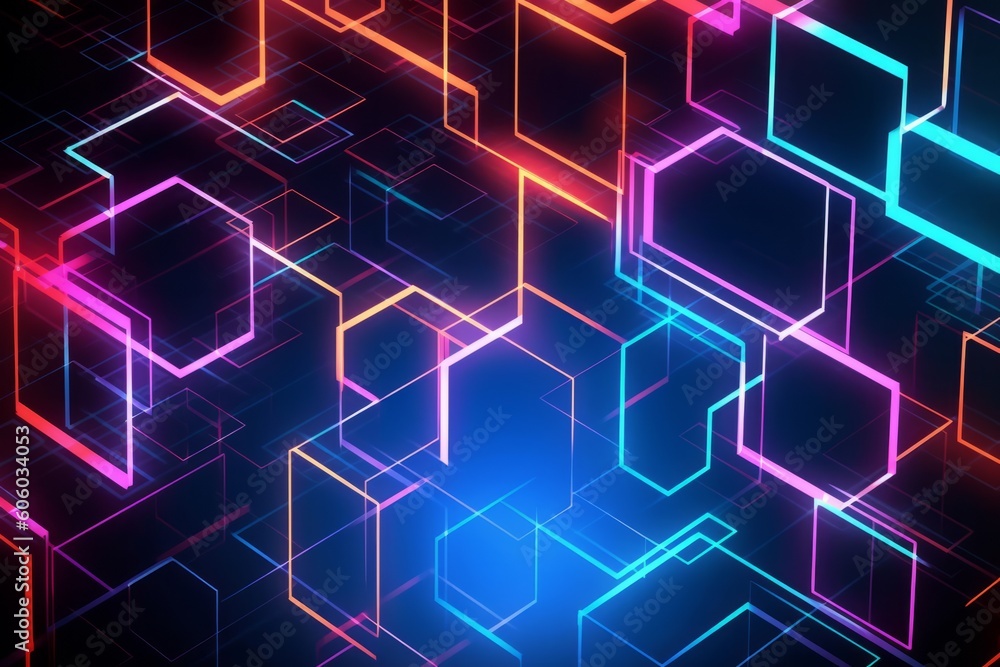 Poster technology creates neon glowing lights in square and rectangle shapes, reflecting on a dark surface 