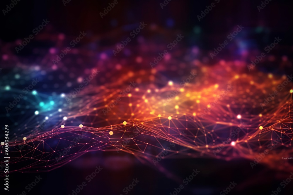 Poster abstract technology background with colorful bokeh and digital line dots: a creative graphic art des