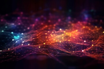 Fototapeta premium Abstract Technology Background with Colorful Bokeh and Digital Line Dots: A Creative Graphic Art Design Generated by AI, Generative AI.