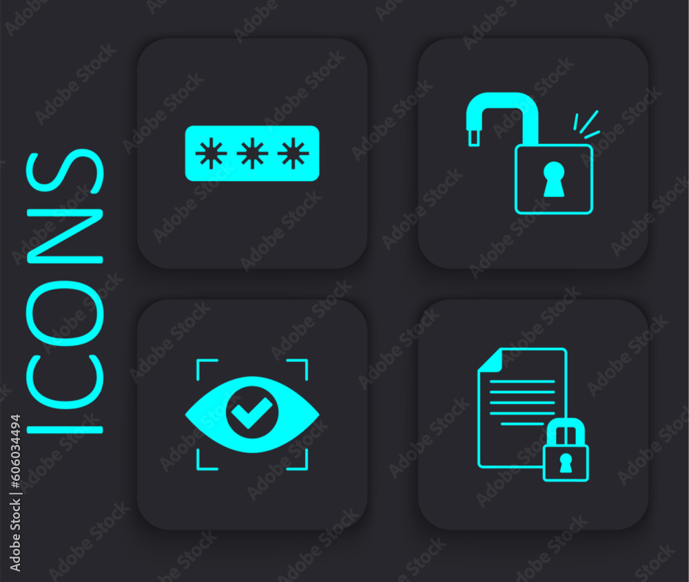 Poster set document and lock, password protection, open padlock and eye scan icon. black square button. vec