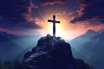 Christian cross shining in mountain and sky