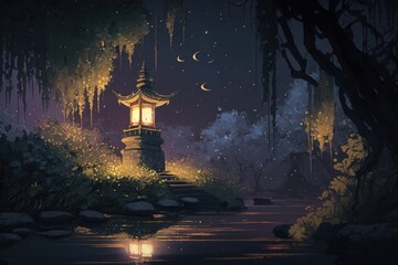 night landscape with stone lantern, illustration painting, Generative AI