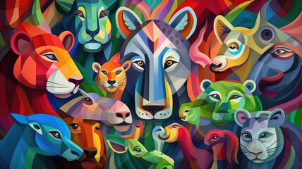 Colorful illustration with cute animals in cubism style for Children's Day